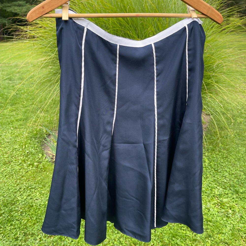 Vintage Silk Ralph Lauren Navy A-Line Skirt with White Trim